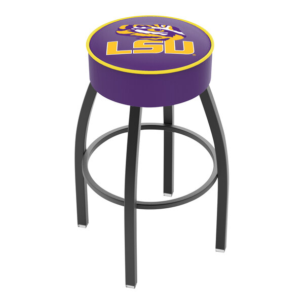 A purple swivel bar stool with a padded seat featuring the Louisiana State University (LSU) logo and black metal legs.