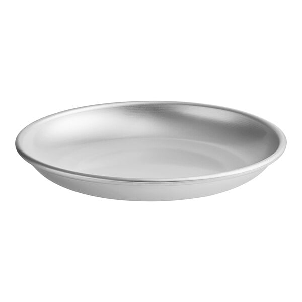 A round, shallow aluminum tray with a smooth finish.
