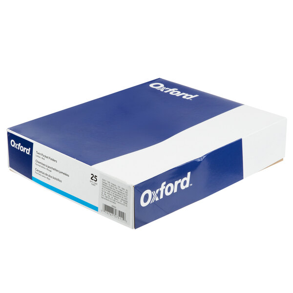 A blue and white box of Oxford red paper folders with white text.