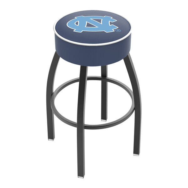 A swivel bar stool with a padded seat featuring the University of North Carolina logo and a single ring footrest.