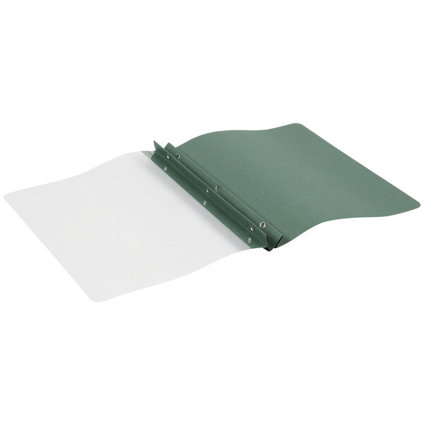 A green Oxford Earthwise report cover with a transparent front and 3 fasteners over white paper.