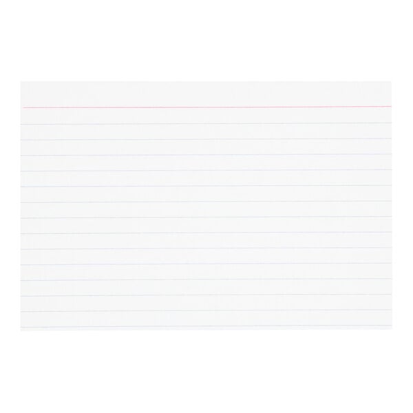 A white, ruled index card with blue horizontal lines and a single red line at the top.