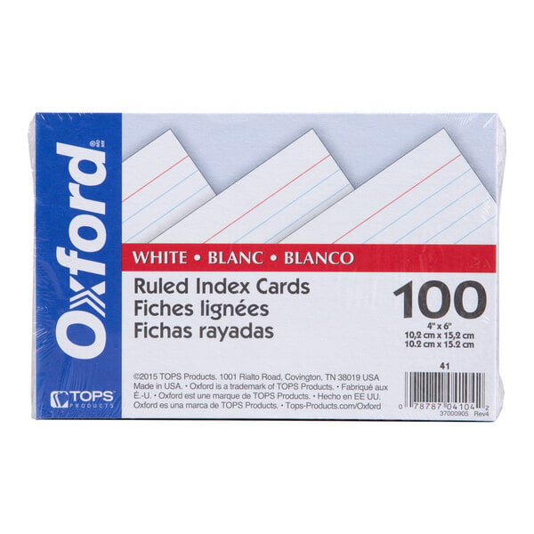 A package of 100 white ruled index cards measuring 4" x 6" is shown, with visible blue lines and a red margin line on each card.