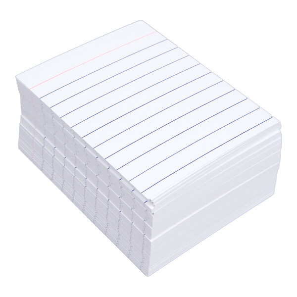 A stack of small, white, ruled index cards with blue horizontal lines and a red margin line.