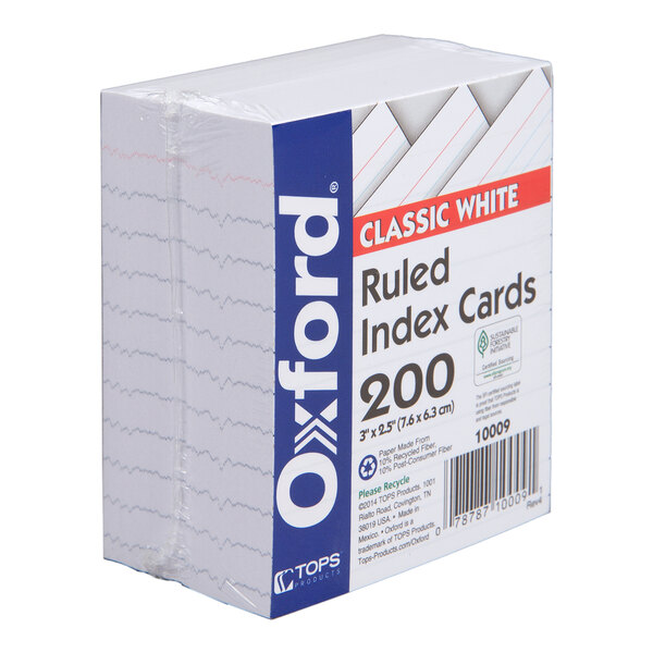 A sealed pack of 200 white ruled mini index cards with visible branding and product information on the packaging.