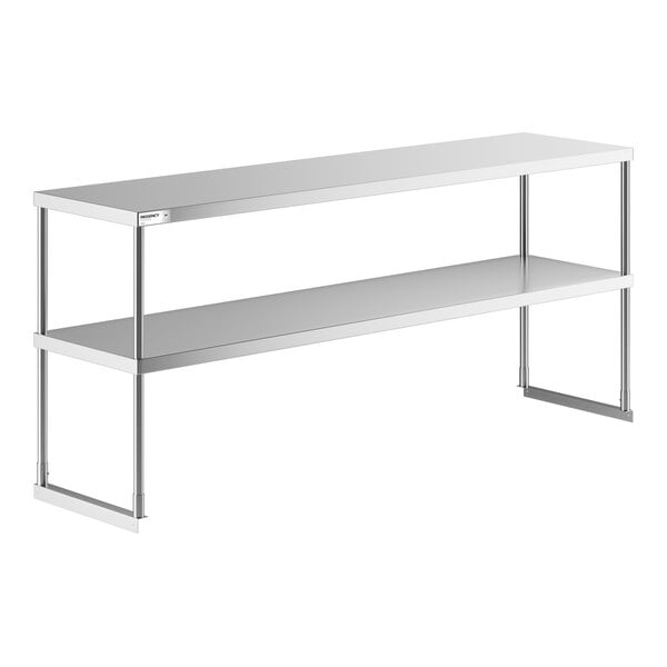 A two-tier stainless steel overshelf with a simple, rectangular design and open sides.
