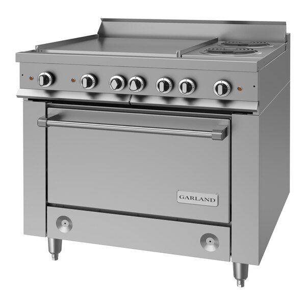 A heavy-duty stainless steel electric range with two open burners, a griddle, and a standard oven.
