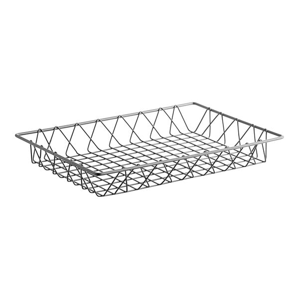 A silver metal wire pastry basket with a handle.