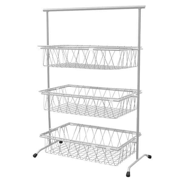 A silver metal rectangular 3-tier wire basket stand.