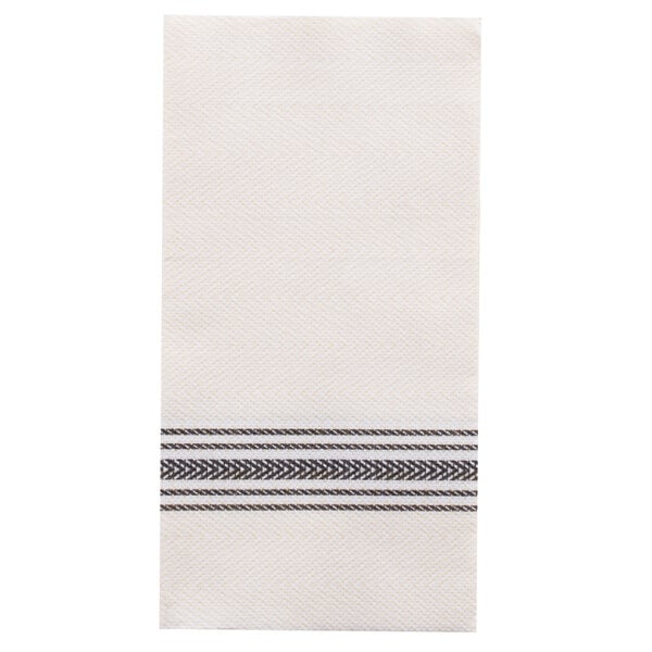 A white Hoffmaster dinner napkin with black striped dishtowel print.