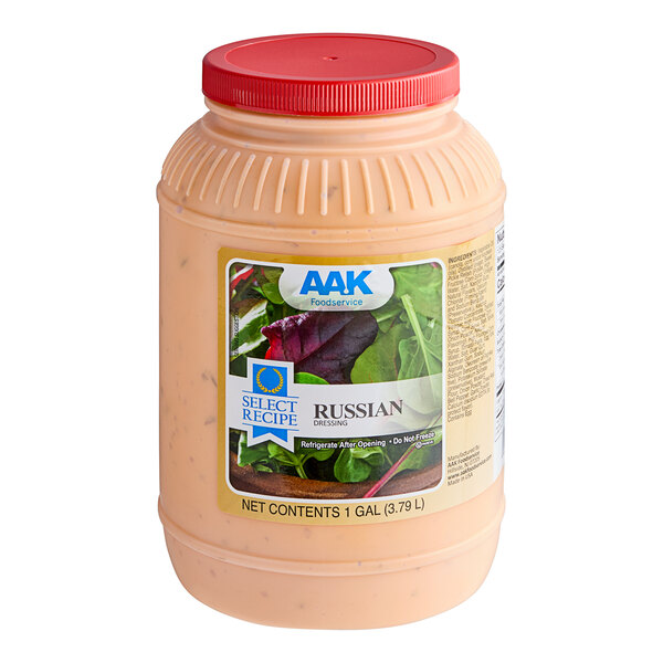 A plastic gallon container of AAK Russian dressing with a label.