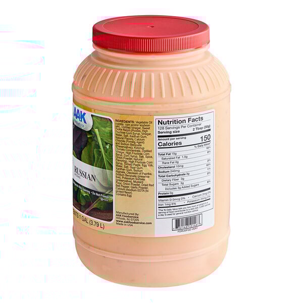 A plastic container of AAK Select Russian Dressing with a label.