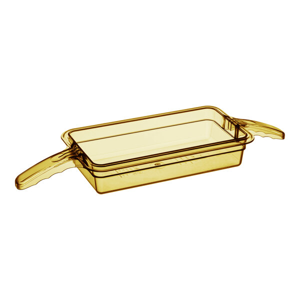 A yellow rectangular Cambro plastic food pan with double handles.