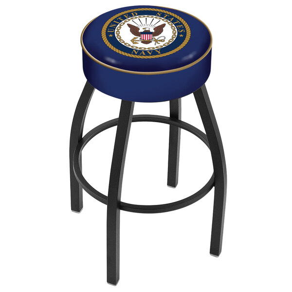 A Holland Bar Stool with a black base and blue seat with a United States Navy logo.