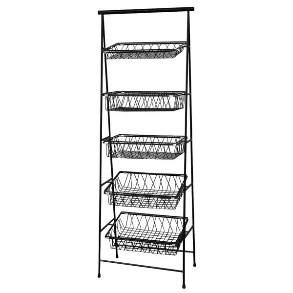 A black wire 5-tier rectangular basket rack.