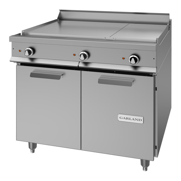 A heavy-duty electric range with two all-purpose top sections and a storage base.