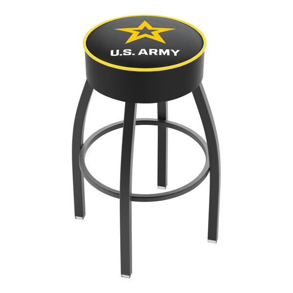 A black swivel bar stool with United States Army logo on the seat.