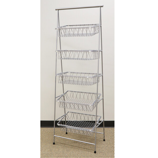 A silver metal rectangular 5-tier pane stand with metal baskets on it.
