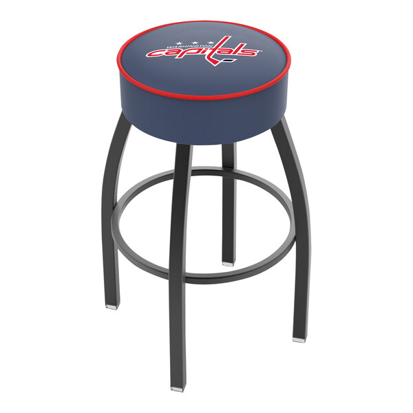 A swivel bar stool with a padded seat featuring the Washington Capitals logo and a single ring footrest.