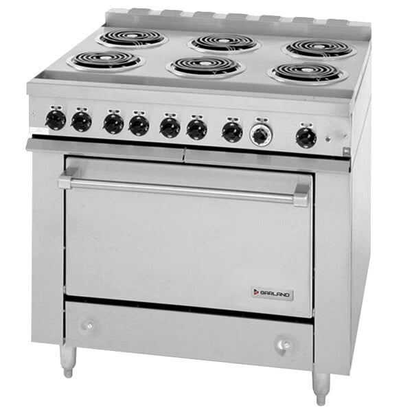 A silver Garland heavy-duty electric range with 6 open burners.