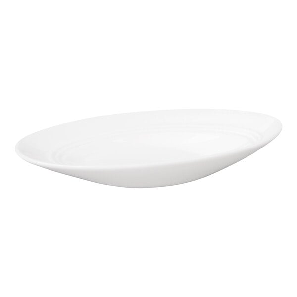 A white, oval-shaped bowl with a slanted rim, shown on a plain background.