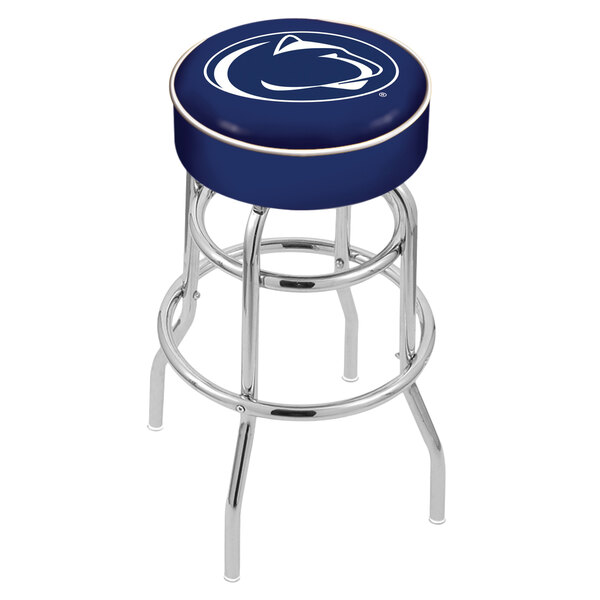 A blue Holland Bar Stool with Penn State University logo and chrome double ring.