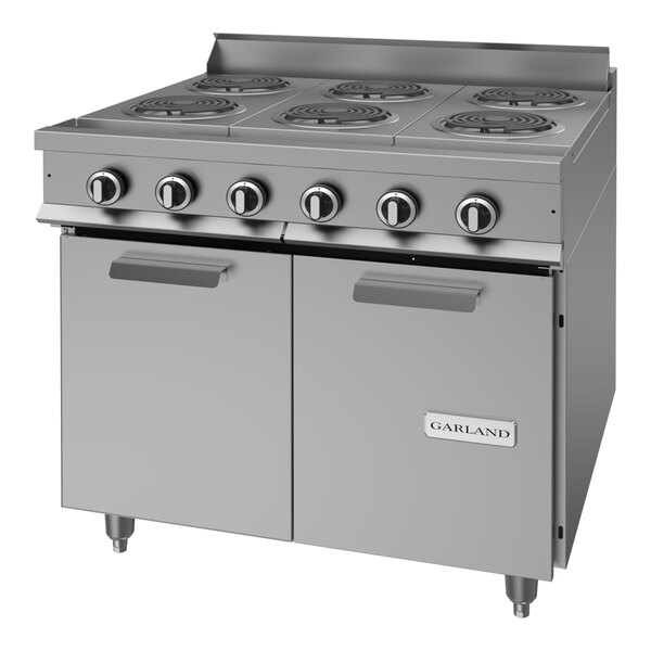 A heavy-duty electric range with six open burners and a storage base.