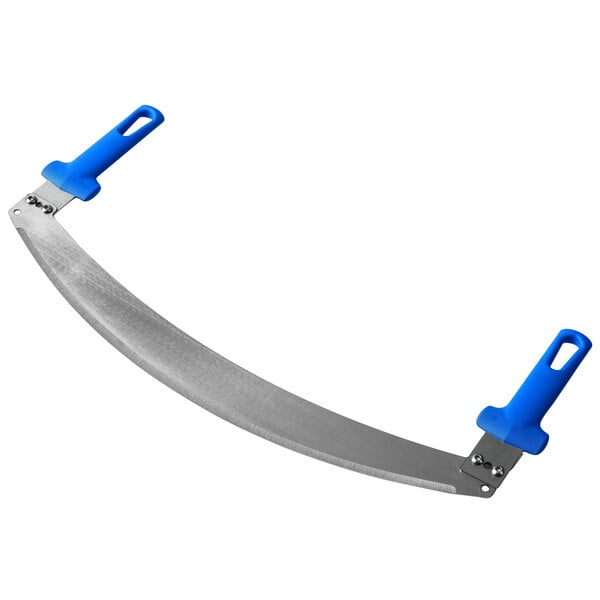 A large curved metal pizza rocker knife with blue polymer handles.