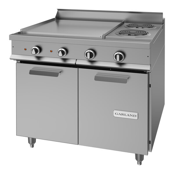 A heavy-duty stainless steel electric range with two open burners, a flat griddle section, and a storage base.