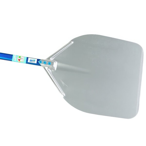 A silver pizza peel with a blue handle.