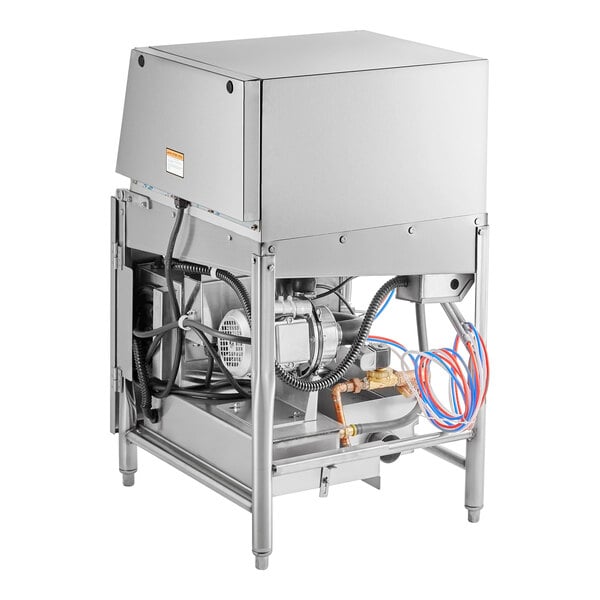 A commercial stainless steel low temperature single rack glass washer and dishwasher with exposed internal components and wiring.