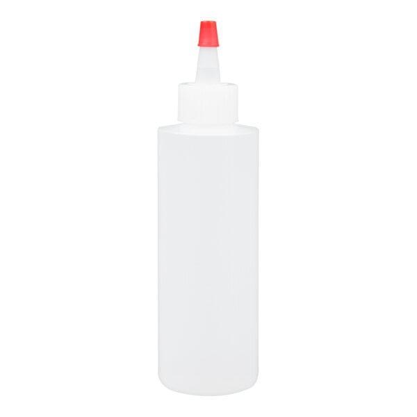 A 4 oz. plastic chef squeeze bottle with a red cap.