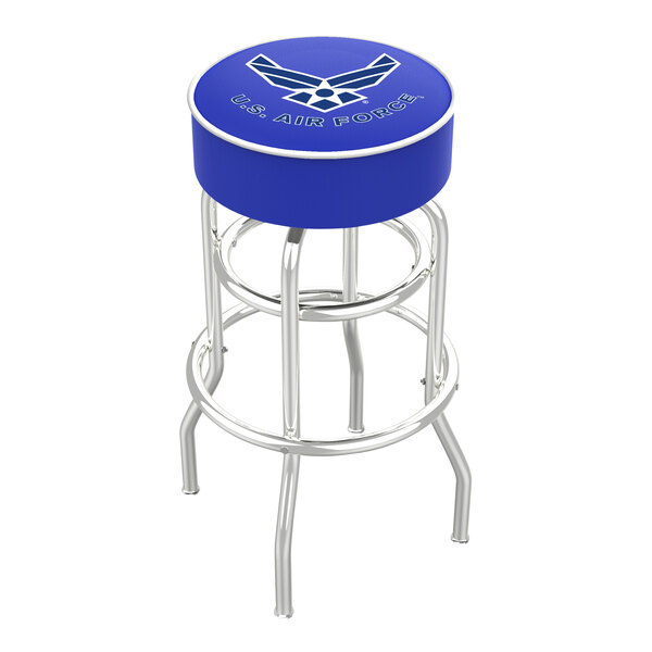 A blue Holland Bar Stool with United States Air Force logo on the seat.