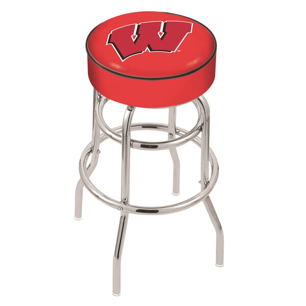 A red Holland Bar Stool with University of Wisconsin Badgers logo on the seat.