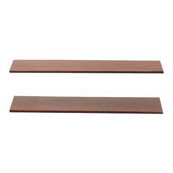Two brown wooden Elevation shelves with assorted sizes on a table.