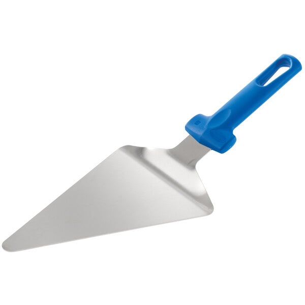A GI Metal triangular pizza server with a blue handle.