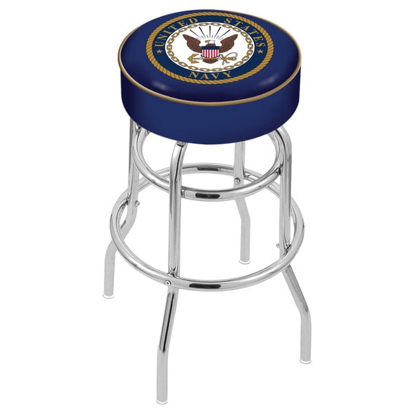 A blue Holland Bar Stool with United States Navy logo on the seat and chrome double ring base.