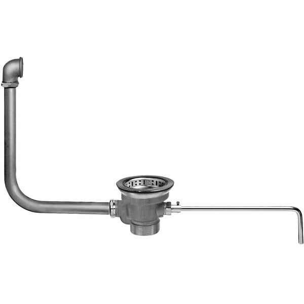 The brass Fisher DrainKing lever handle waste valve with metal pipes attached to it.