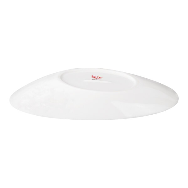 A white, oval-shaped porcelain bowl shown upside down on a plain background.
