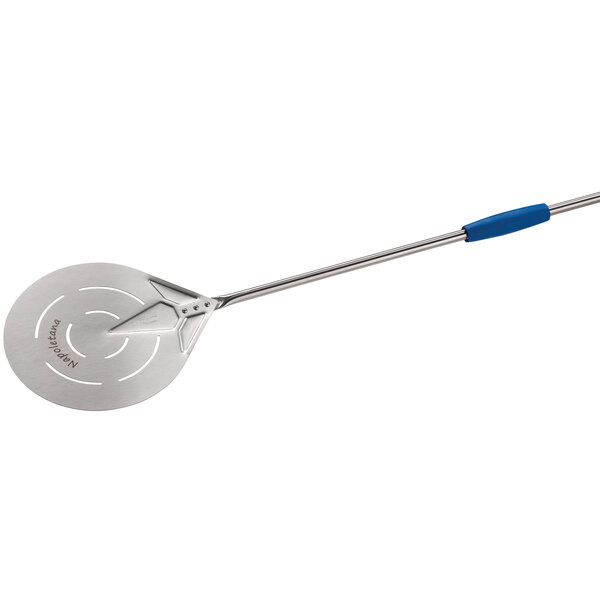 A GI Metal stainless steel small round perforated pizza peel with a blue handle.