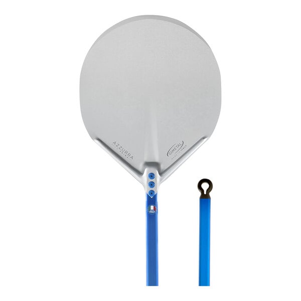 A round, silver-colored metal pizza peel with a long blue handle and a hanging loop at the end.