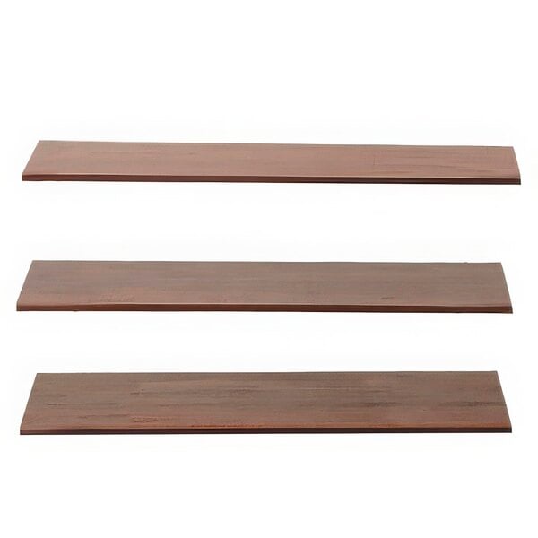 A row of three wooden Elevation walnut shelves with different sizes and shapes on a table.