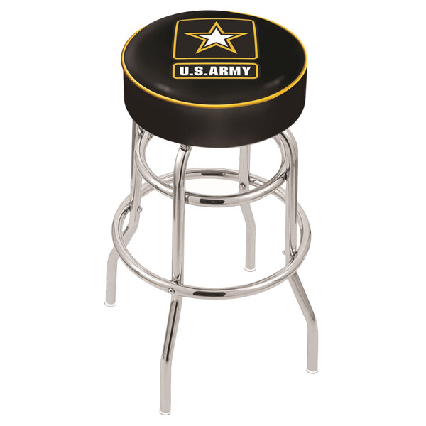 A black Holland Bar Stool with the United States Army logo on the seat and a chrome base.