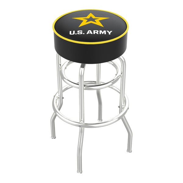 A black Holland Bar Stool with the United States Army logo on a yellow star on the seat.