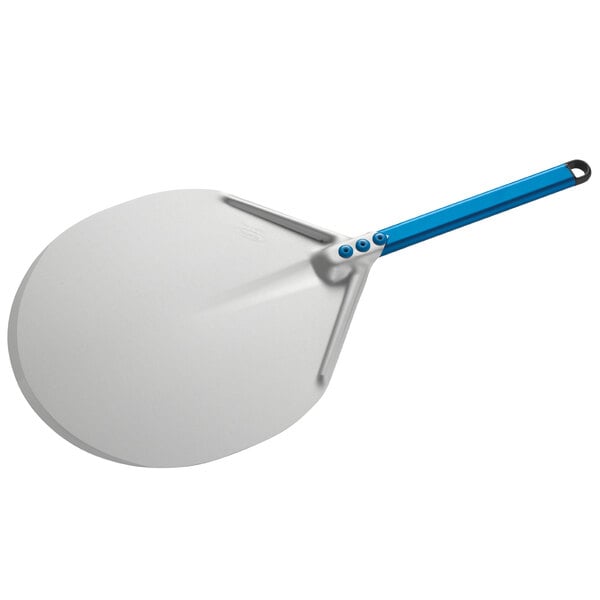 A white pizza peel with a blue anodized aluminum handle.
