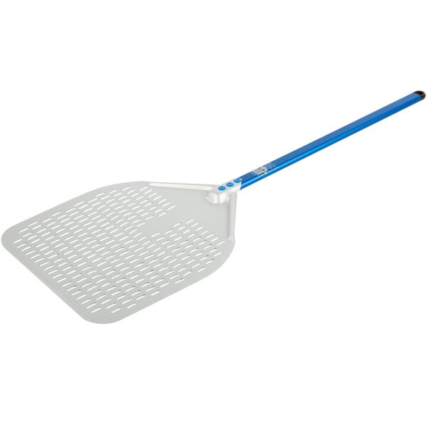 A blue and white anodized aluminum pizza peel with a handle.