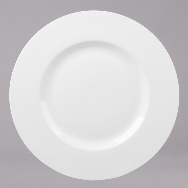 A white Bon Chef dinner plate with a wide rim.
