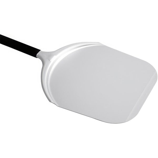 A white pizza peel with a black handle.