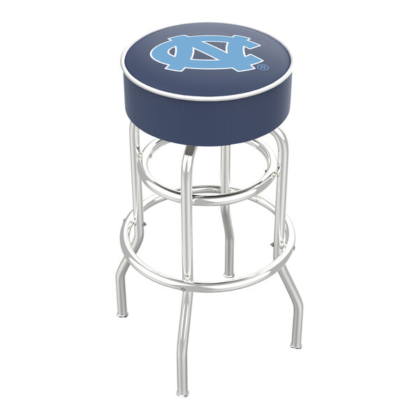 A University of North Carolina double ring swivel bar stool with a 4-inch padded seat and chrome legs.