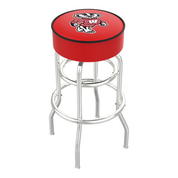 A red swivel bar stool with a padded seat featuring the University of Wisconsin mascot and a chrome double ring base.